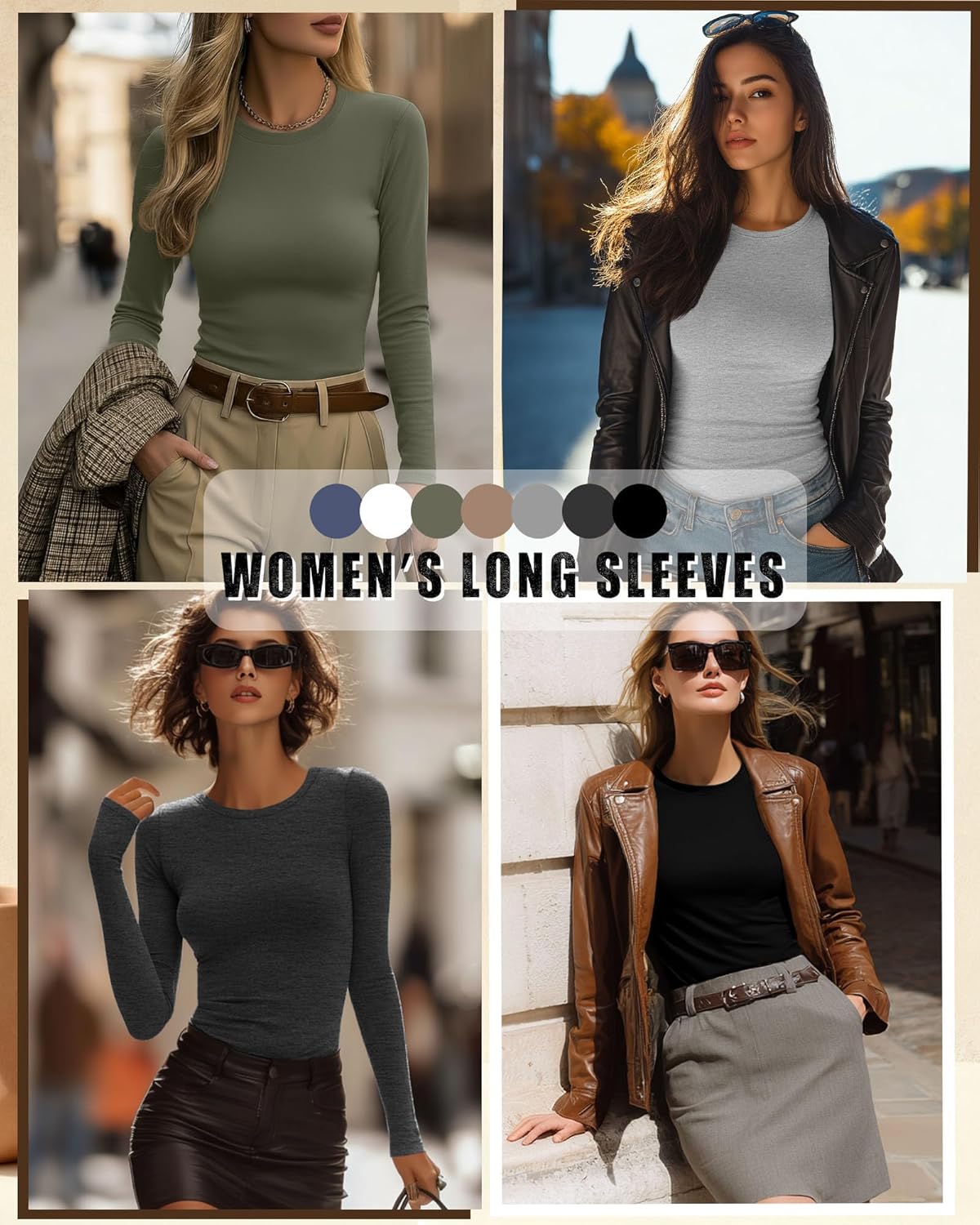 7 Pcs Women's Long Sleeve Tops Crew Neck Slim Fit Shirts Basic Going Out Tight Tees - Image 3