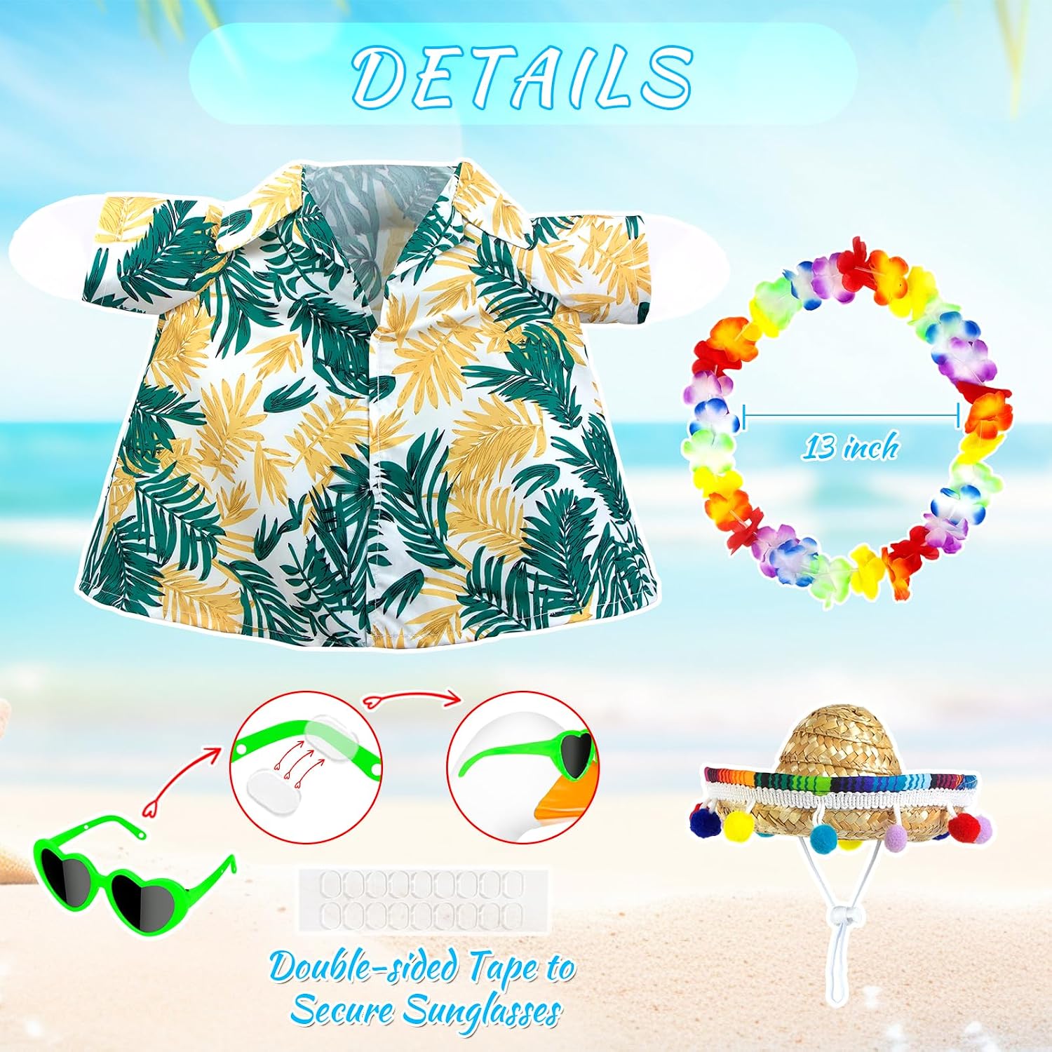 Hawaiian Goose Outfit with Sunglasses & Wreath,Porch Goose Outfits for 23" 17" Cement Plastic Goose Clothes Costumes,Garden Decor Goose and Duck Costume for Outdoor Statues