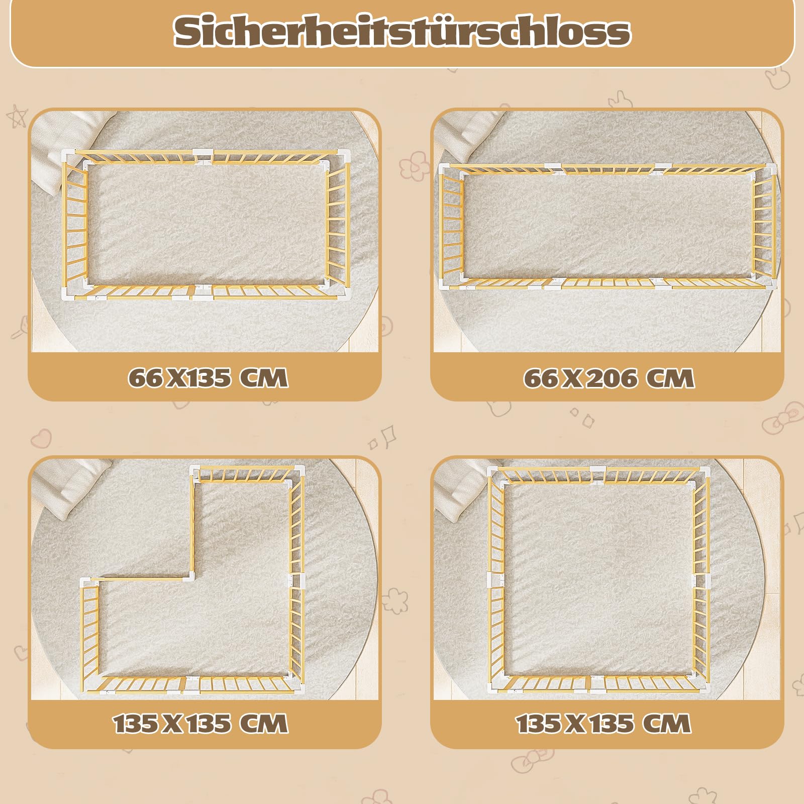 Baby Laufstall aus Holz mit Tür & Sicherheitsverschluss - Robustes Laufgitter zum Zusammenbauen, individuell formbares Krabbelgitter & Absperrgitter für Babys und Kleinkinder(135 * 134 * 61 cm)
