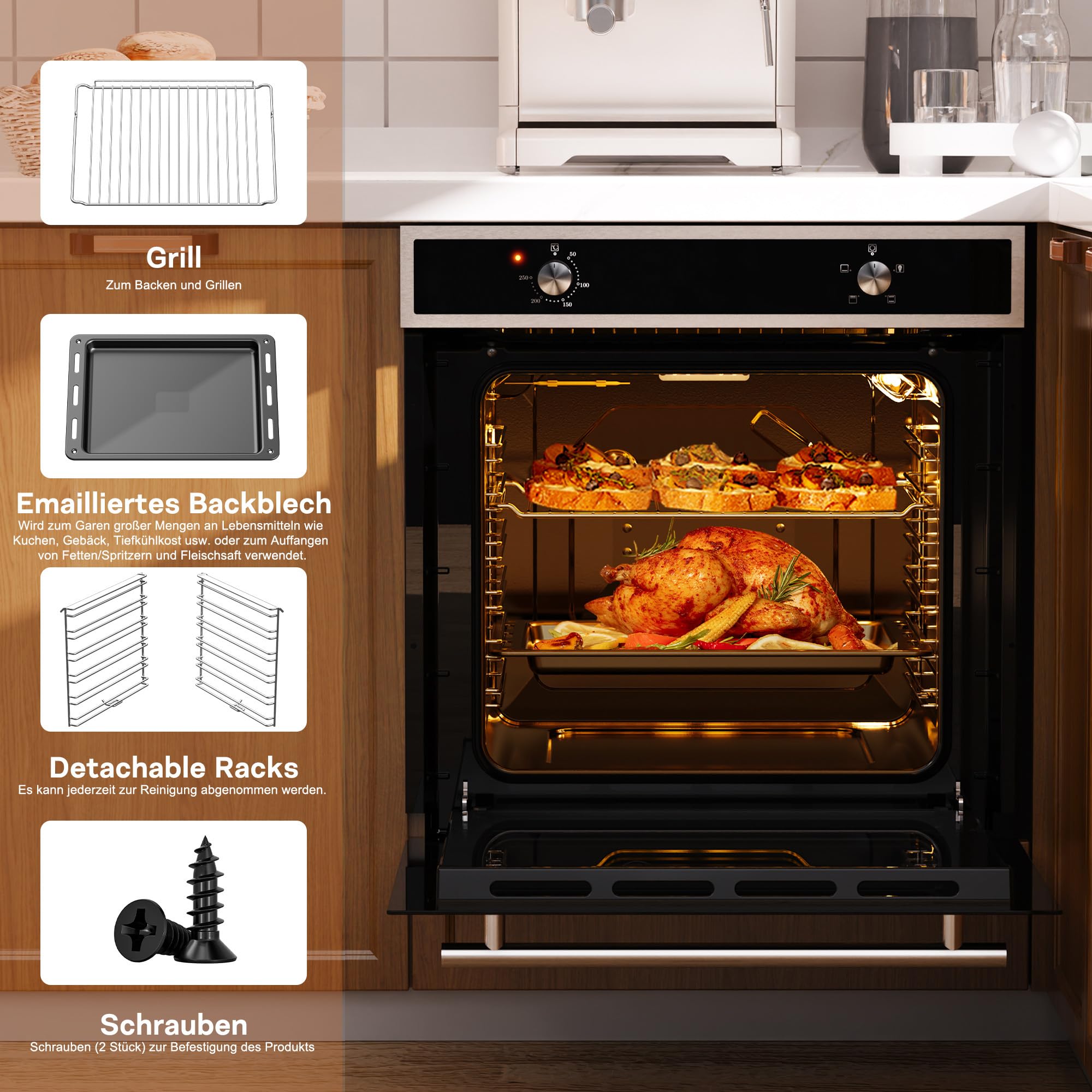 Karinear Einbaubackofen 60 cm 65L mit Stecker, 4 Programme, 2200W, Schwarz | 65L Einbaubackofen mit 4 Programme, Backofen 230v für Steckdose, 2200W , 50–250°C Temperatur und einfache Drehknopfsteuerung