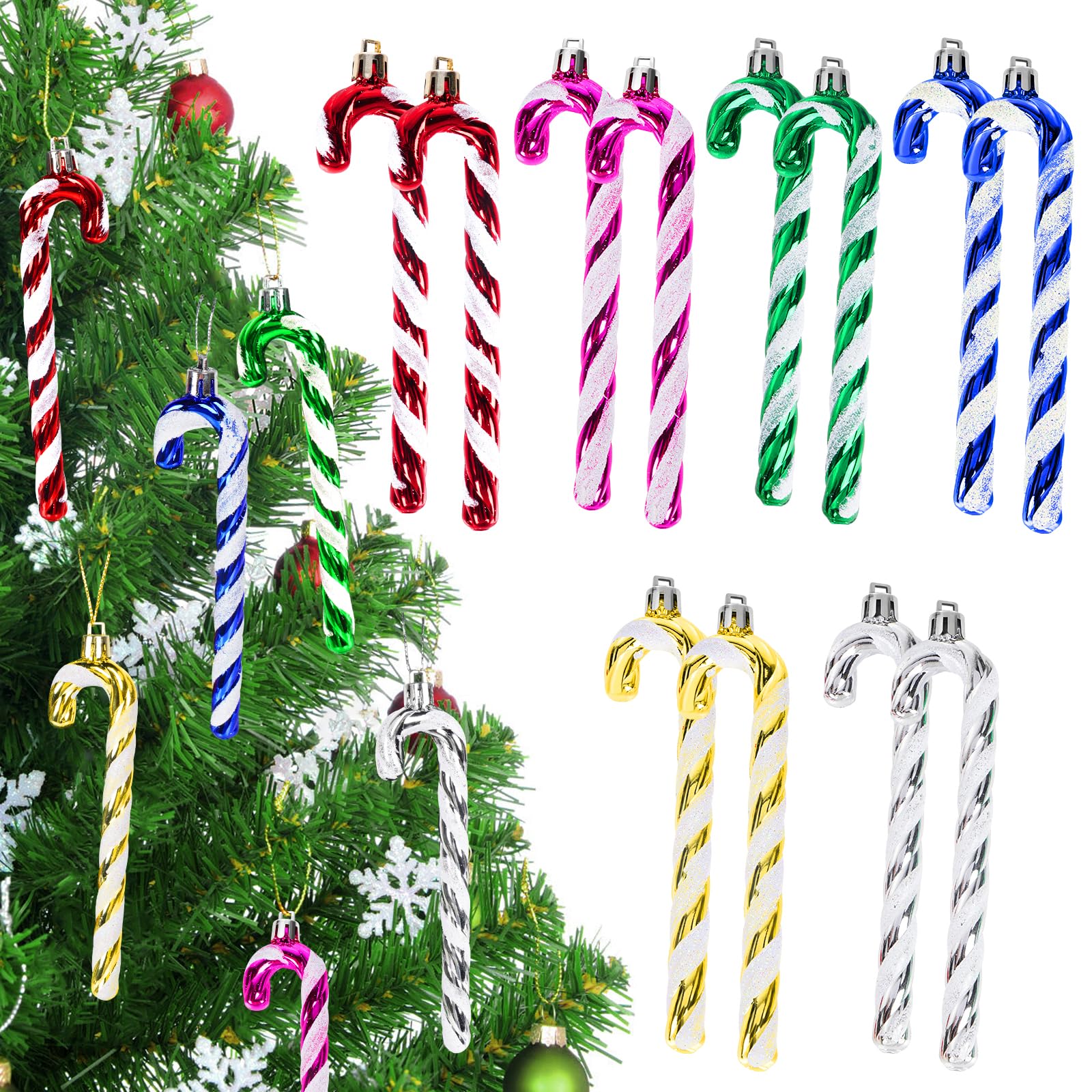 Set di 12 decorazioni per l'albero di Natale, bastoncini di zucchero, , bastoncini di zucchero natalizi, per l'albero di Natale (argento e bianco) | Leroy Merlin