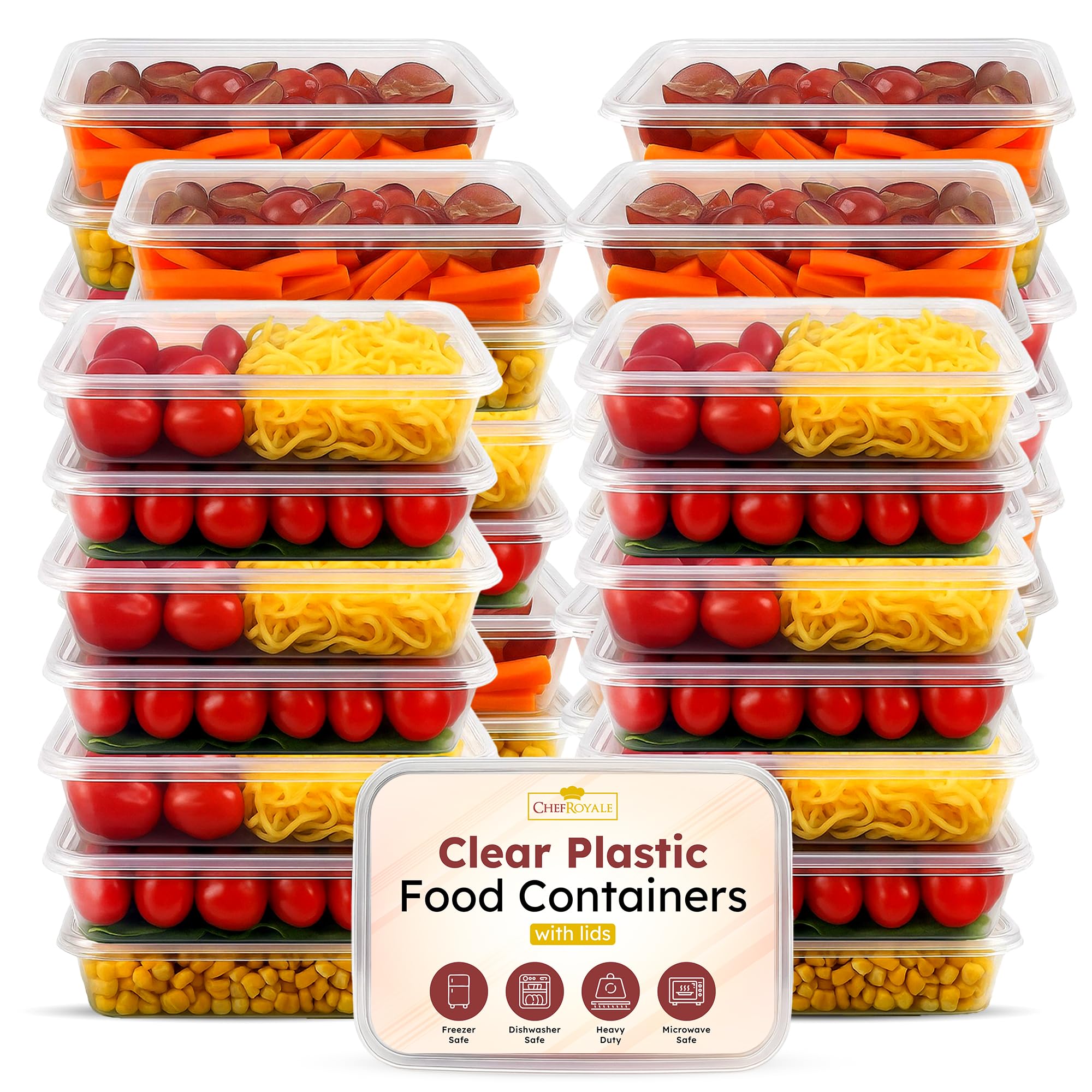 CHEF ROYALE Food Storage Container with Lids 50 x 650ml Plastic Food Prep Takeaway Container with Airtight Lids Microwave, Freezer & Dishwasher Safe Ideal for Takeaway Recyclable
