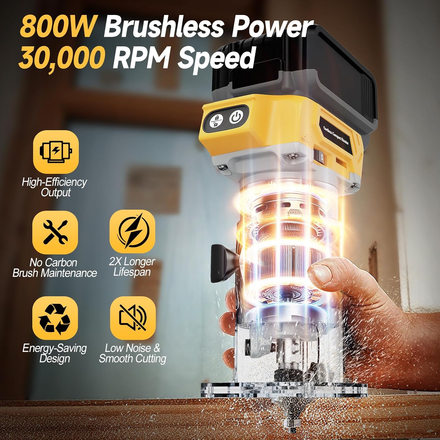 Cordless Compact Wood Router Tool for DeWalt 20V Battery- Brushless Motor, 800W 5-Speed Wood Trimmer Tool (Bare Tool), Fixed Base Edge & Groove Router for Woodworking