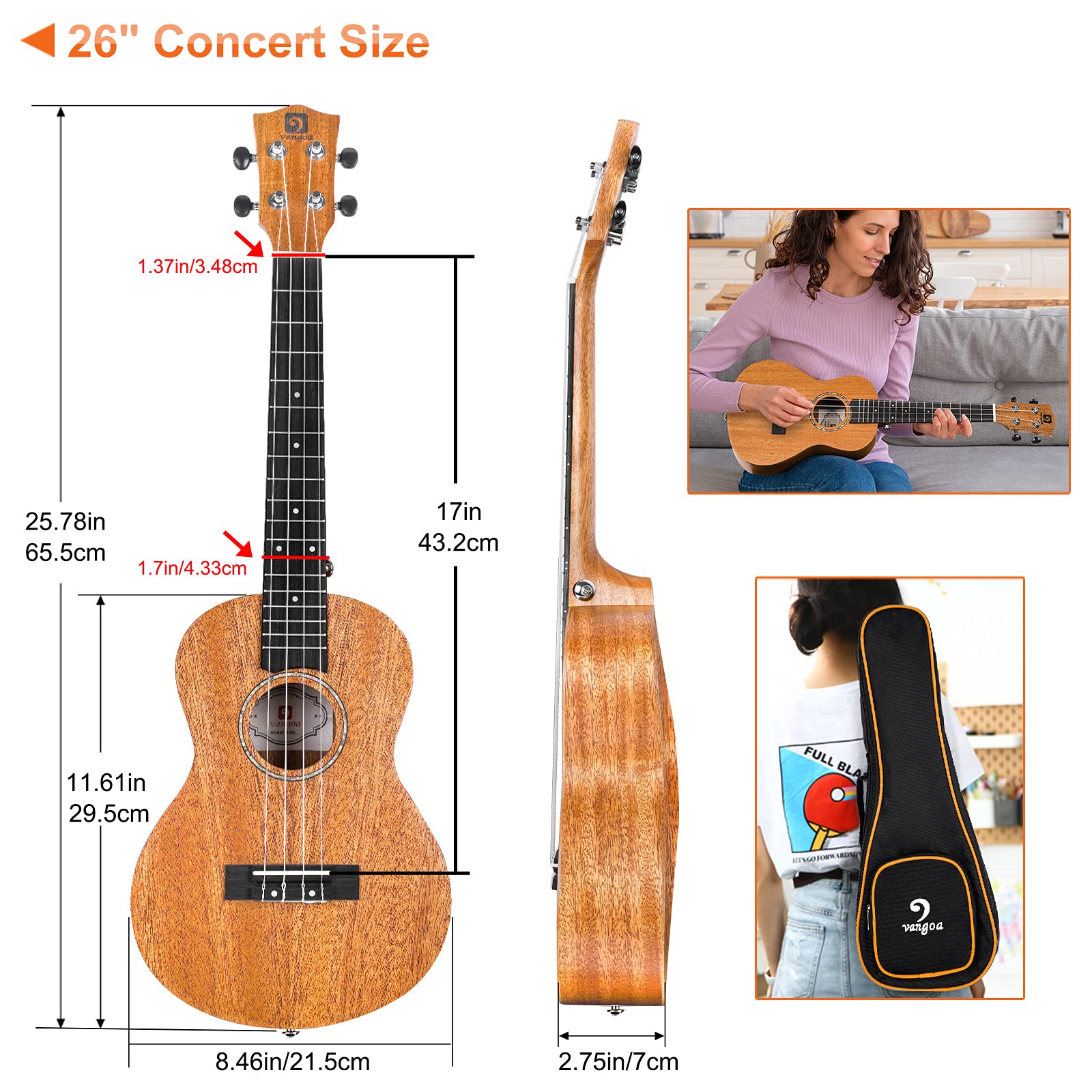 Ukulélé Tenor Professionnel - Vangoa Kit ukulélé 26 pouces en Acajou pour Débutants Adultes Enfants avec Sac Sangle Accordeur Cordes Médiators Chiffon de nettoyage