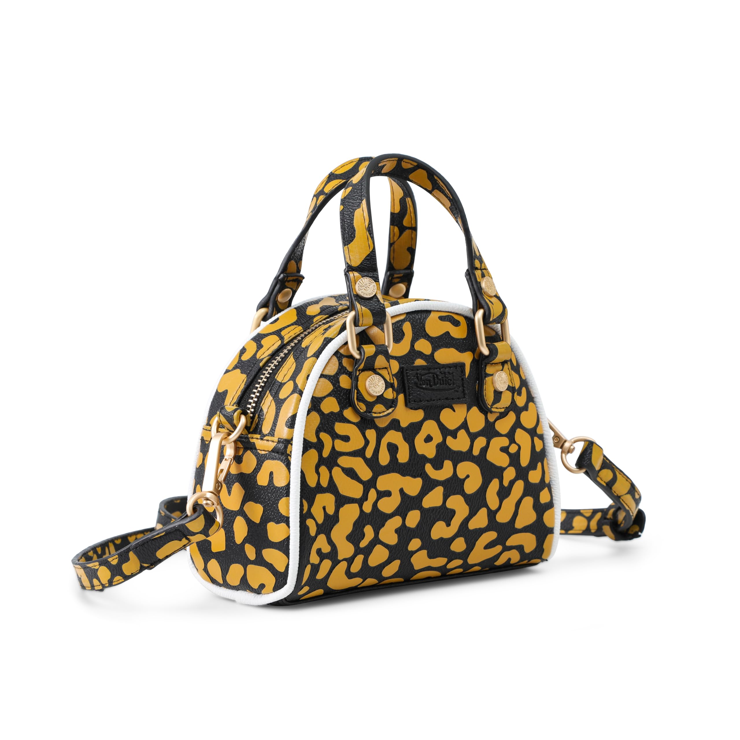 Von Dutch Mini Bowling Bag Cheetah Print | 6.8” Vegan Leather Crossbody with Logo Hardware, Top Handles & Zipper Pouch, Cheetah Grey