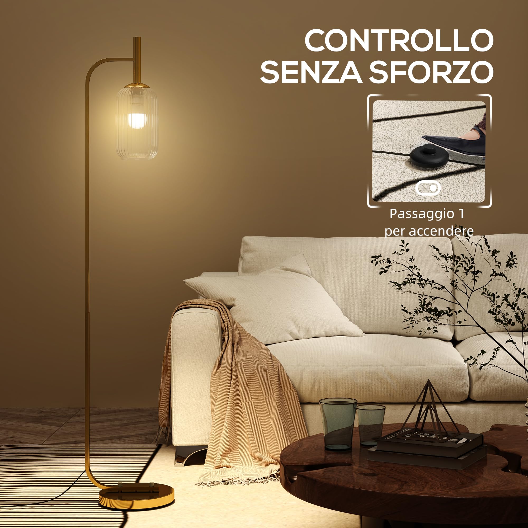 HOMCOM Lampada da Terra Moderna con Paralume in Vetro, Lampada a Piantana con Interruttore a Pedale per Lampadine E27 LED, per Soggiorno, Camera da Letto e Ufficio, 153cm, Oro