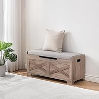 Vista 16 de GAOMON Baúl de almacenamiento, banco de almacenamiento con bisagra de seguridad, baúl de madera estilo granja para entrada, dormitorio, sala