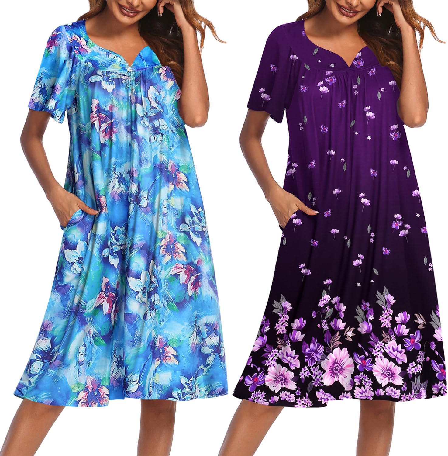 Ekouaer 2 Pack House Dresses for Women with Pockets Short Sleeve Moo Moos Floral Print Mumu Dresses
