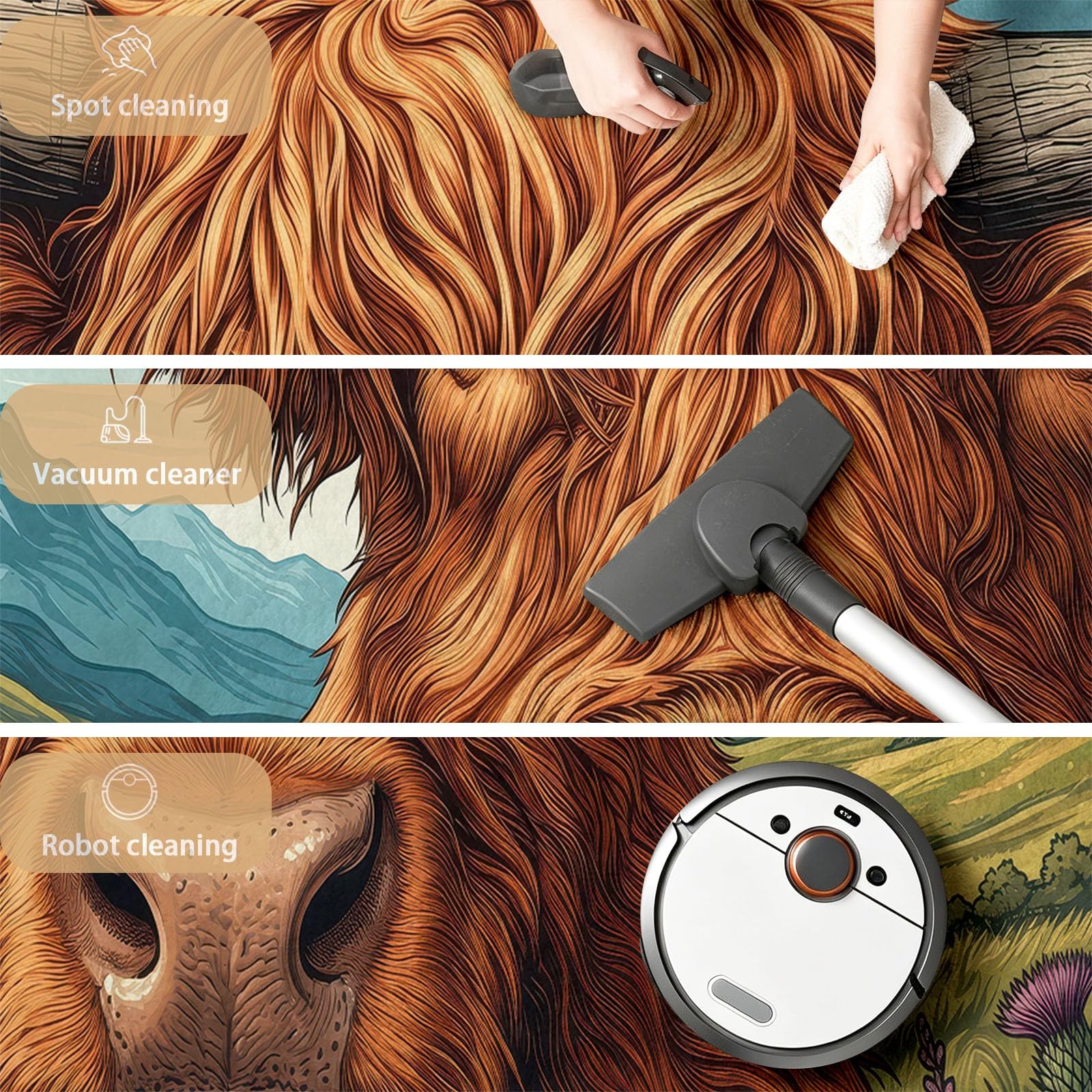 Tapis pour Chambre Dessin Animé Champêtre 80x150 cm, Tapis Antidérapant Prairie Vache Highland Ciel Bleu Modèle, Poils Courts Doux Lavable Moquette Décoration pour Descente de Lit, Couloir ou Cuisine