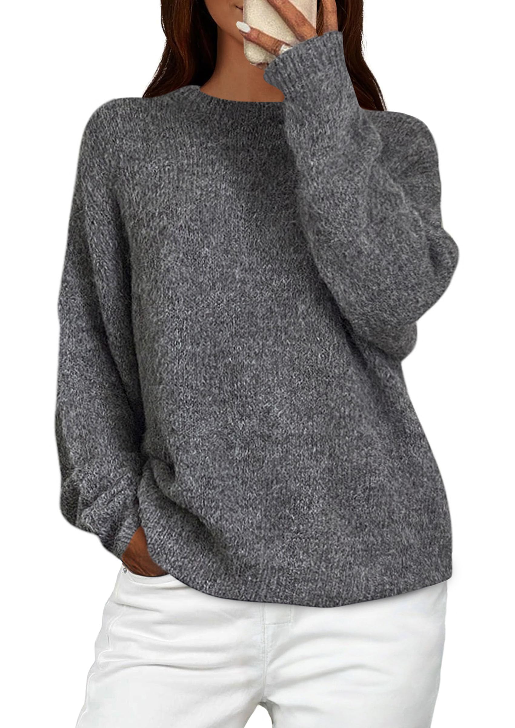 PRETTYGARDEN Womens Fall Long Sleeve Sweater Crew Neck Fuzzy Loose Fit Chunky Knit Oversized Pullover Sweaters Going Out