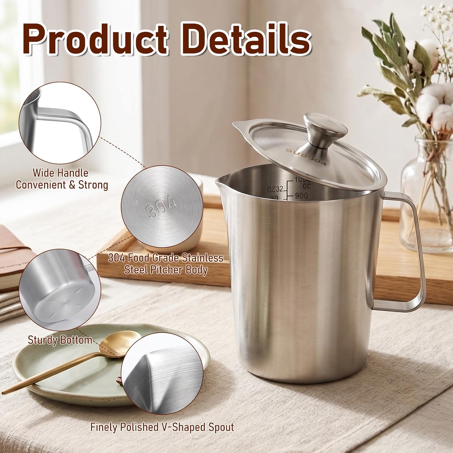 304 Stainless Steel Pitcher with Lid, 34 oz / 1L Metal Measuring Cup with Handle & Dual Scales, Large Mouth Graduated Beakers, Stainless Steel Milk Frothing Jug for Iced Tea, Hot & Cold Water