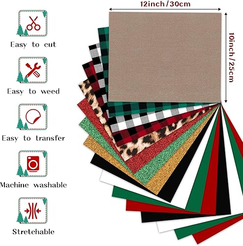 Miniatura 2 de HTVRONT Paquete de vinilo de transferencia de calor de Navidad, 16 hojas de vinilo para planchar de Navidad a cuadros de búfalo y vinilo HTV con