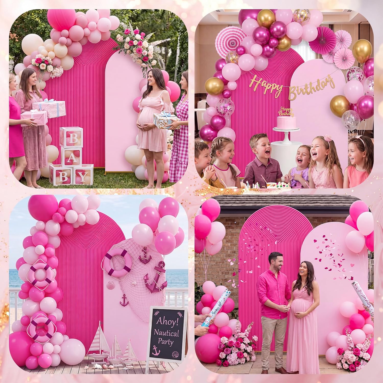 2 Set Wedding Arch Cover Rose Red Pink Ripple & Solid Backdrop Cover
