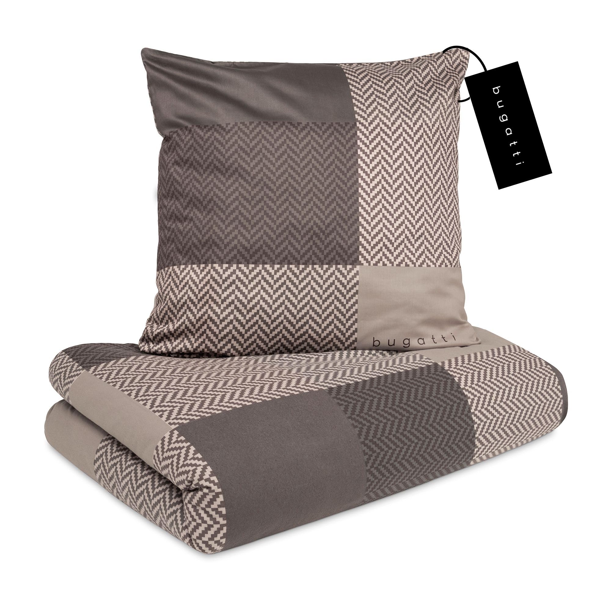 bugatti 2in1 Bettwäsche 155x220 cm - 100% Baumwolle Satin-Flanell Kombibettwäsche, Reißverschluss, anschmiegsam, weich & waschbar, Bettbezug braun Karo