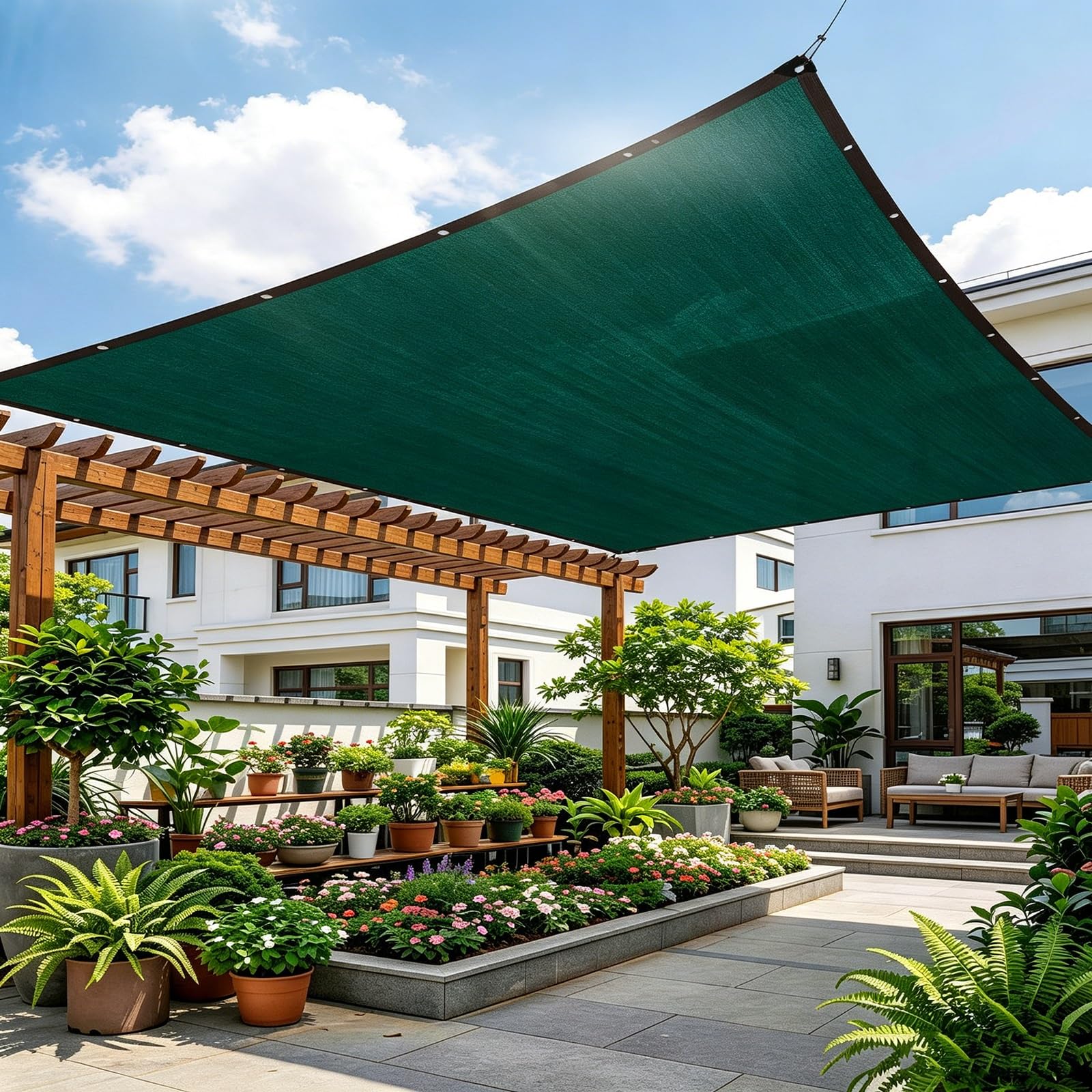 Malla Sombra Verde Oscuro, Tela Sombreadora HDPE Resistente Reforzada, Aislante Térmico Antienvejecimiento Borde Cosido 6 Hilos for Jardín Terraza Balcón Tejado Cochera(6.0x10.0m)