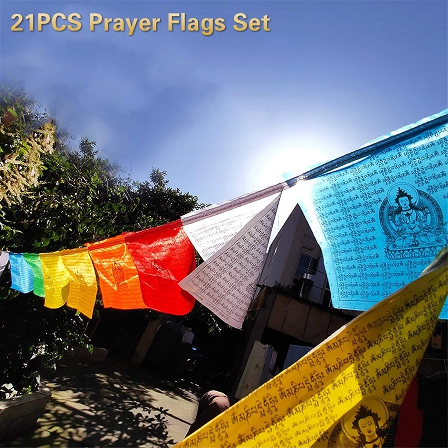 Tybetańskie flagi modlitewne/medytacja, wystrój wnętrz Zen, na zewnątrz, złota flaga modlitewna buddyzmu tybetańskiego, ręcznie robiona złota czcionka Wind Horse Flag of Guanyin Mantra, 17,5 Ft × 21