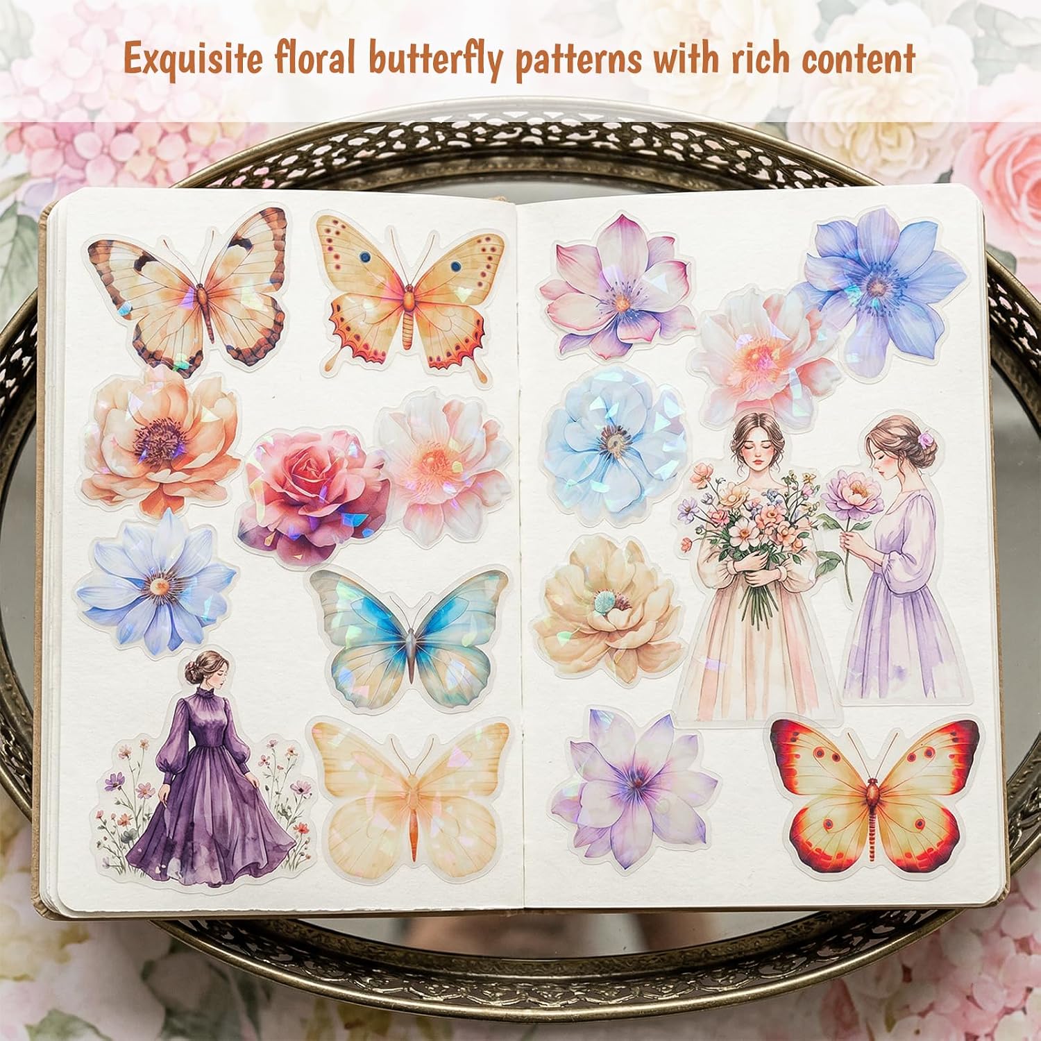 60Pcs Glitter Flower Stickers, Holographic Nature Flower Sticker, Waterproof Decorative Floral & Buttefly Decals for Journal, Scrapbooking & Planners, Stickers Floral for Crafts Photo Album Decor