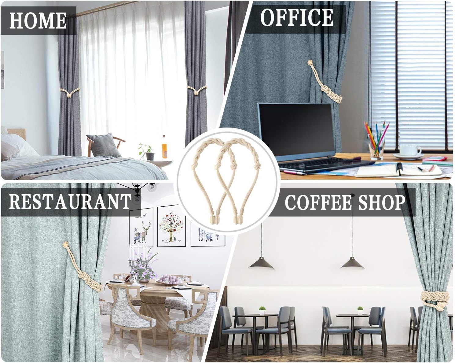 MoKo Magnetic Curtain Tiebacks, 2-Pack Cotton Woven Twisted Window Curtain Drapery Holdbacks Decorative Curtain Buckle for Home Office Decor, No Drilling Needed, Beige