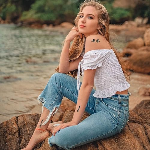 Miniatura 4 de Tatuaje temporal de caracteres chinos más de 130 diseños, tatuajes de letras negras, tatuaje de palabra, tatuajes falsos impermeables de larga