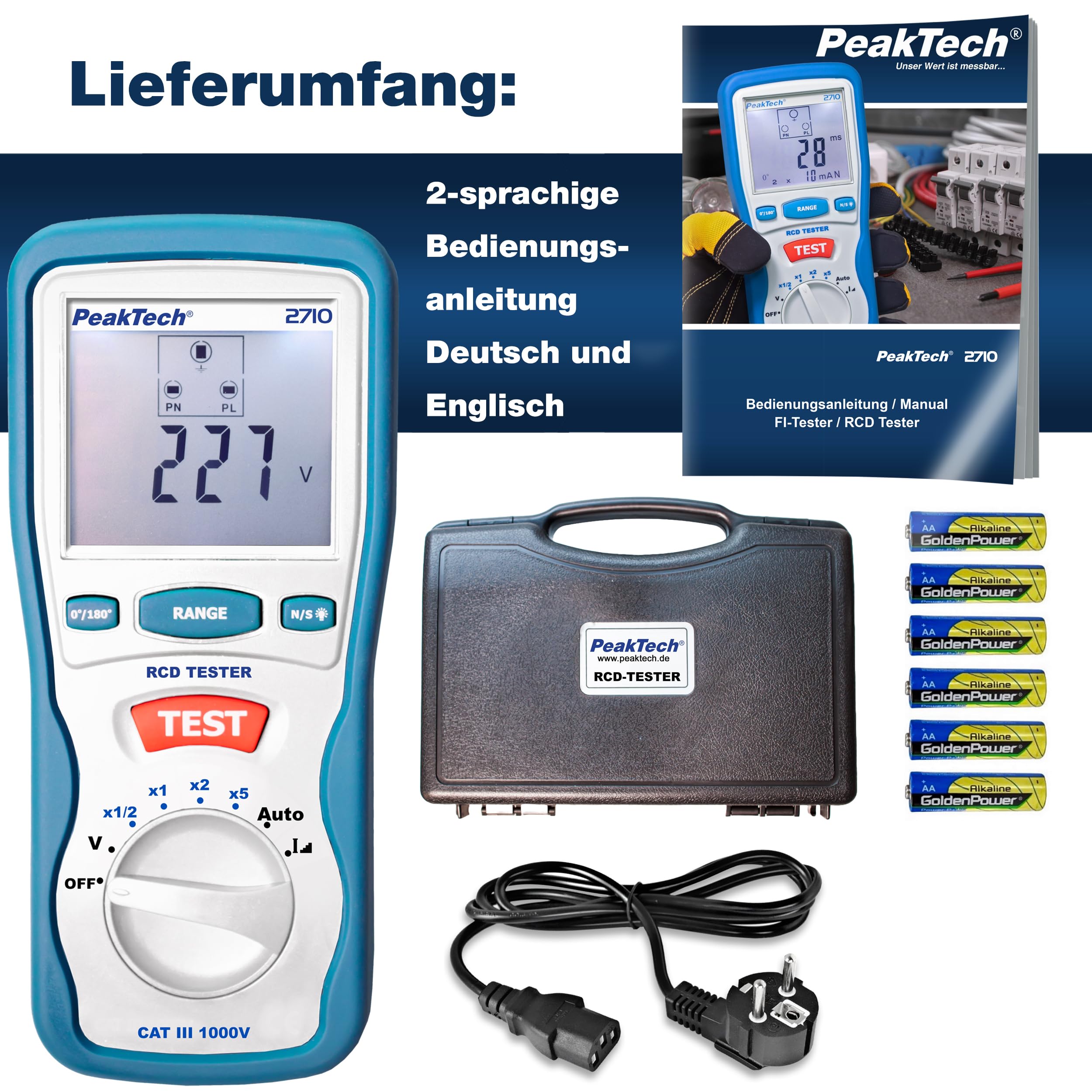 PeakTech P 2710 – Digitaler FI Tester für Auslösecharakteristik 230V/50hz mit LCD-Display, Steckdosentester mit RCD-Prüfung – Mit Fehlerstrom Schutzschalter & doppelt isoliertem Gehäuse – CAT III 600V