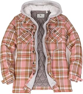 ThCreasa Womens Quilted Lined Flannel Jacket with Hood & Multi-Pocket | Insulated Quilted Inner, Lightweight Everyday Layer, Casual Overshirt Outerwear, Phone-Safe Interior Pocket, Holiday Gift