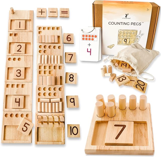 LITTLE BUD KIDS Counting Pegs - A Ten Frame Maths Game with Addition and Subtraction Flash Cards, A Wooden Montessori Math Toy & Math Manipulatives Number Peg Boards Set for Kids 3 4 5 6 7