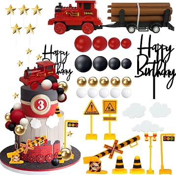 Train Cake Toppers Red Ball Cake Decorations Star Cake Toppers Traffic Theme Cake Decorations for Train Theme Railway Birthday Decorations