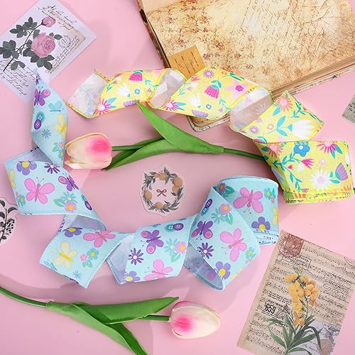 Miniatura 4 de Whaline Cinta de 30 yardas para primavera y verano, con borde con alambre, diseño de flores, mariposas, tela floral, cinta decorativa para envolver