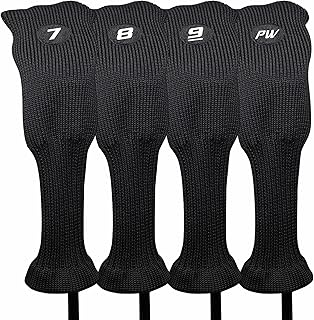 Majek All Hybrid Head Cover Golf Club Black Sleek Tight Fit Headcover Set 7-PW Acrylic Head Covers 7 8 9 PW Easy to See Large White Embroidered Numbers