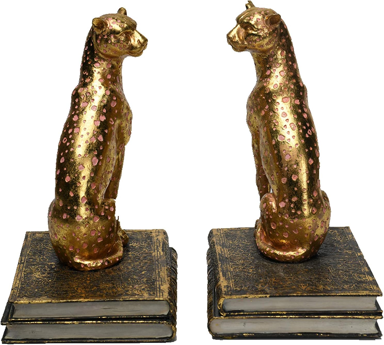 Comfy Hour 9.1" Gold Cheetah Egyptian Bastet Figurine Style Bookends, Antique Vintage Leopard Statue Home Decor, Heavy Duty Animal Book Stoppers Pair