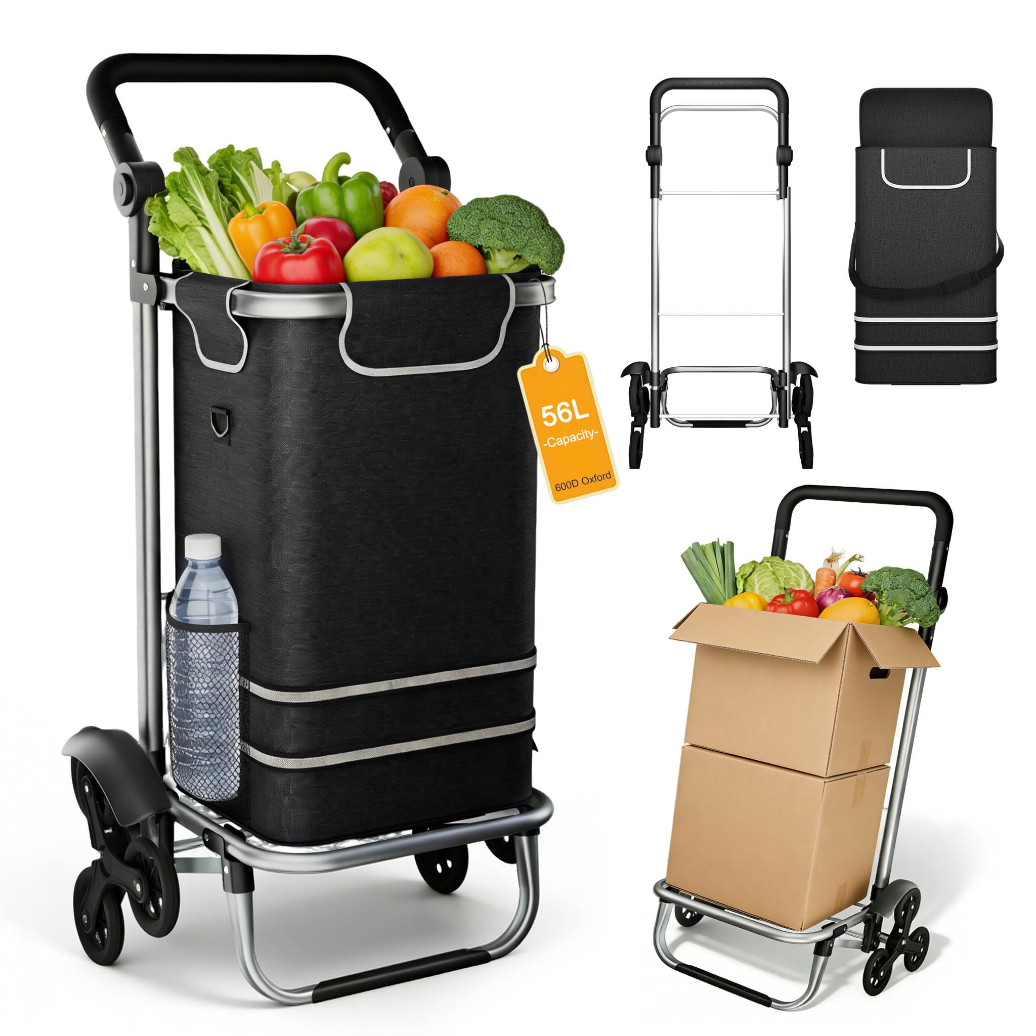 3in1 Klappbarer Einkaufstrolley 56L | Einkaufsroller mit Umhängetasche & Sackkarre | Einkaufswagen Schwarz 3-Rad