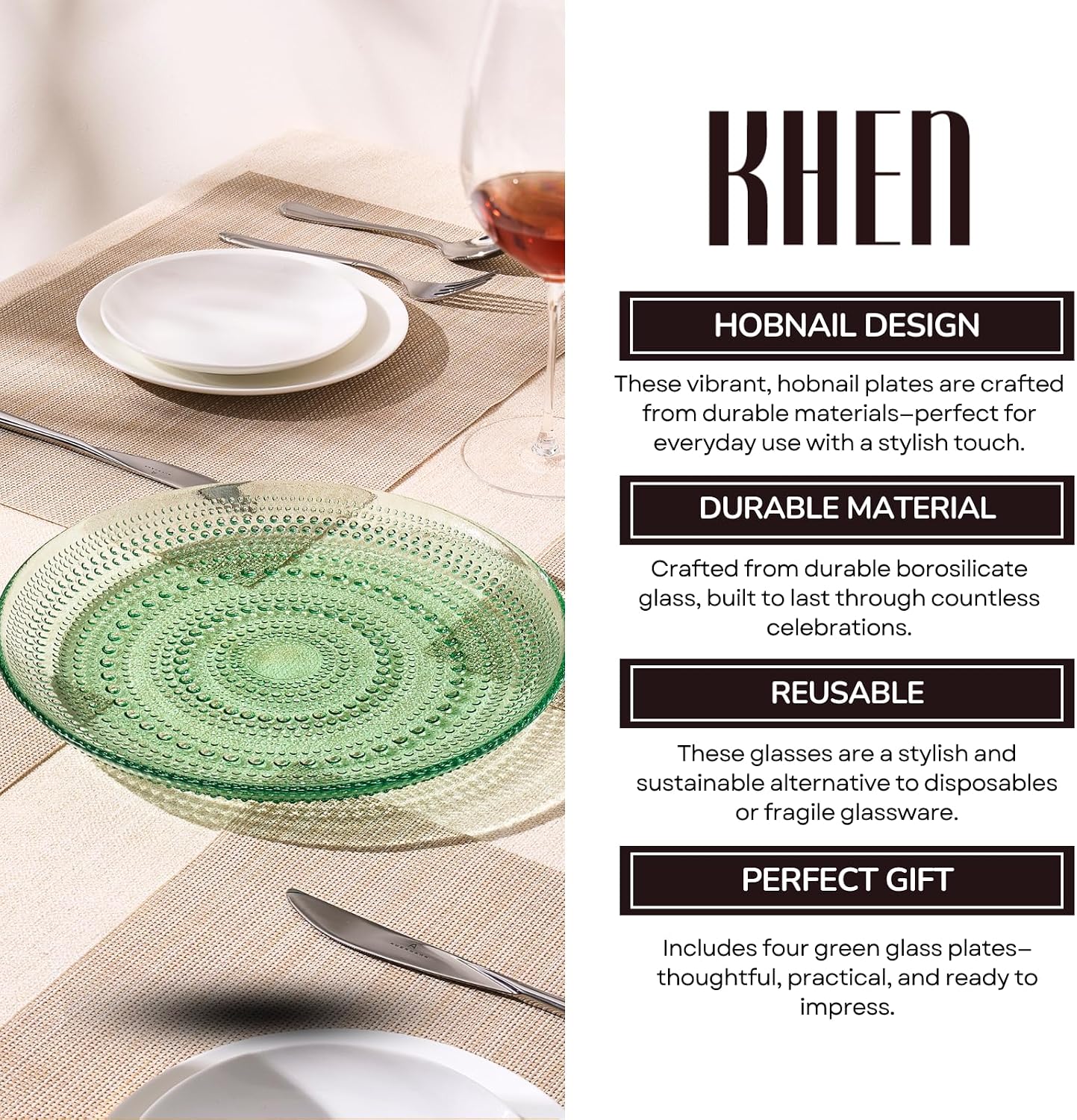 Khen Glass Hobnail Colored Plates | Set of 4 Plates | Green Color 10.6" Dinner or Charger Plate - Server, Dessert Server, Appetizer Plate, Snack, Fruit