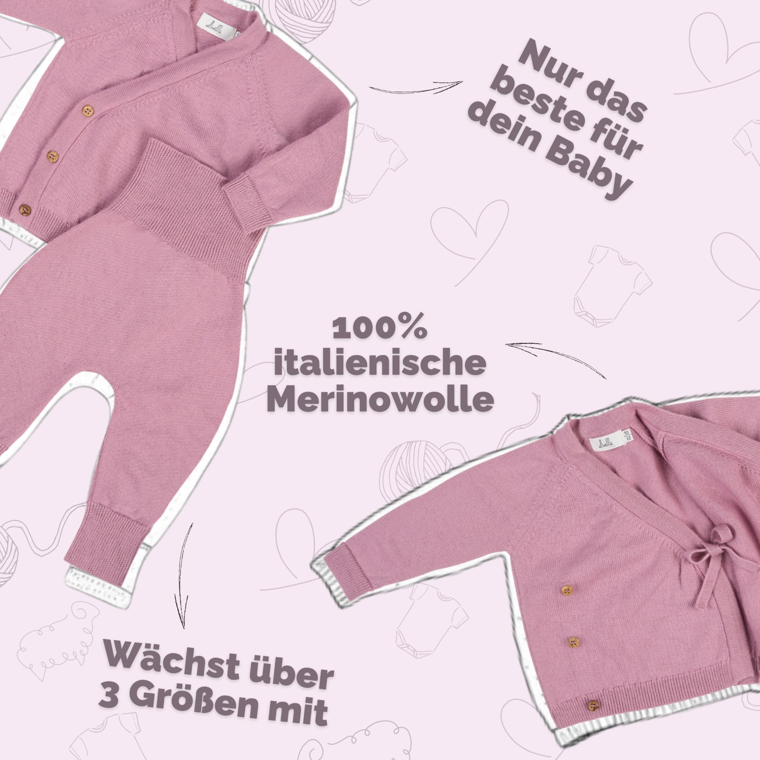 Livella | Bundhose & Wickeljacke aus 100 % Merinowolle – Baby Set in Creme oder Rosa (Gr. 50–62 oder 62-74) – Mitwachsend, OEKO-TEX zertifiziert, hautfreundlich & maschinenwaschbar