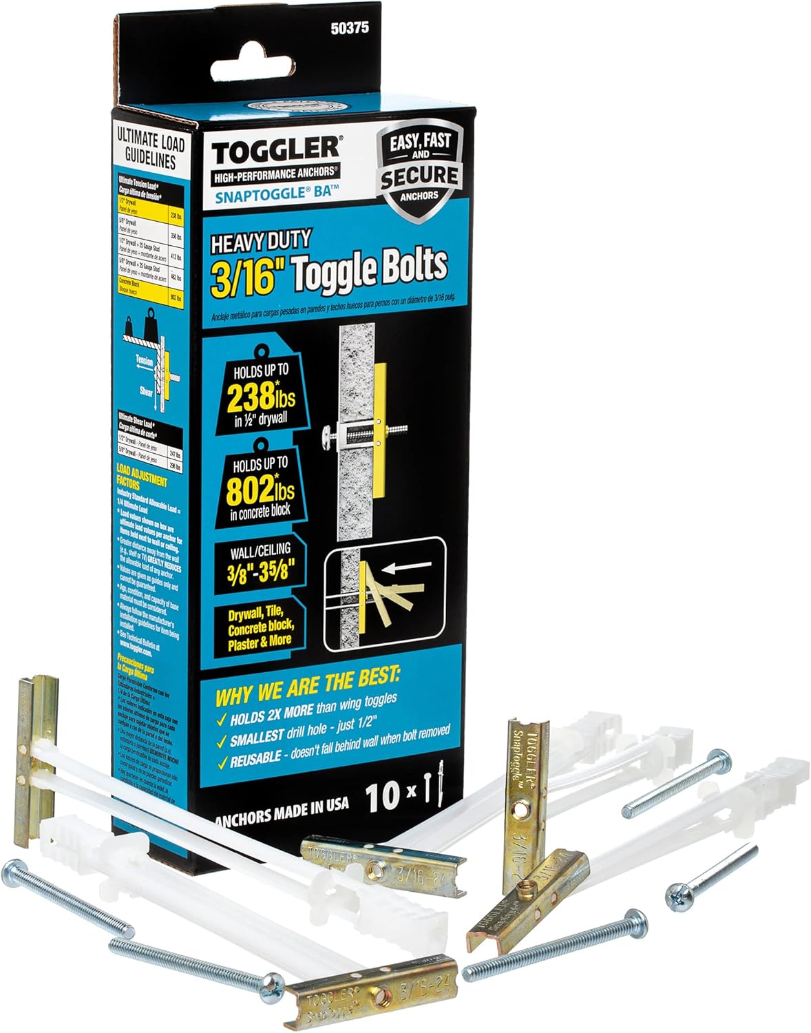 TOGGLER SNAPTOGGLE BA Toggle Anchor with Bolts, ZincPlated Steel