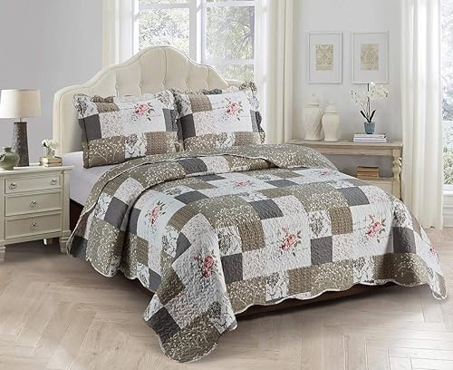 Brilliant Sunshine Rose and Toile Patchwork, 3-Piece Quilt Set, Reversible Bedspread, Lightweight Coverlet, All-Season, Queen, Rose Gray