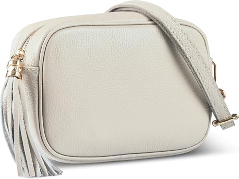 Italian Full-Grain Leather Crossbody Bag for Women, Small Purse (Beige)