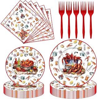 Seafood Boil Party Supplies - 96 Pcs Crawfish Red Dinner Plate Fork Paper Towel Set for Shrimp Boil Party Supplies, Seafood Themed Disposable Tableware Set for Family Gatherings Serve 24