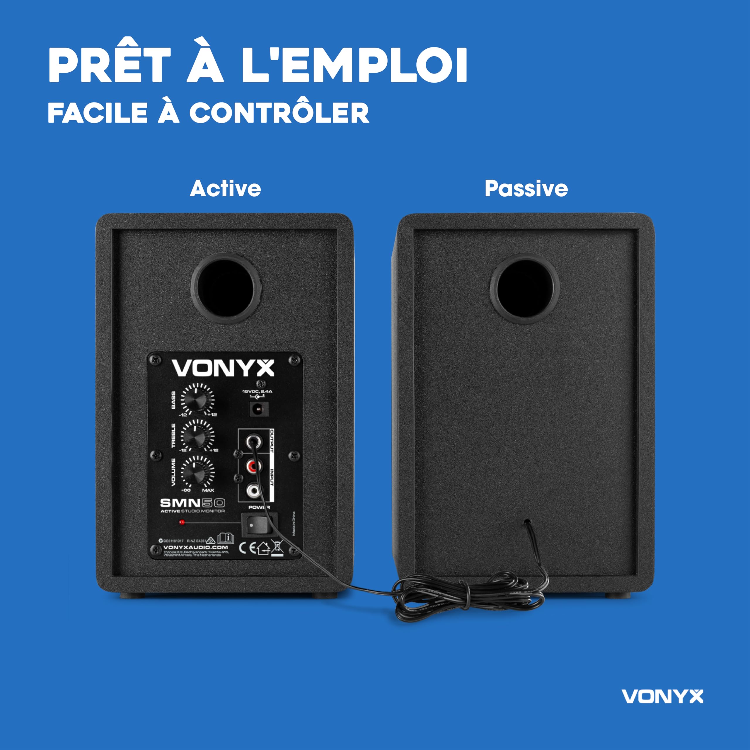 VONYX SMN50B Enceintes Monitoring - Paire d'Enceintes de Studio 5 Pouces, Puissance 140 Watts Max, Réglages Graves et Aigus, Qualité Idéale pour Mastering en Studio