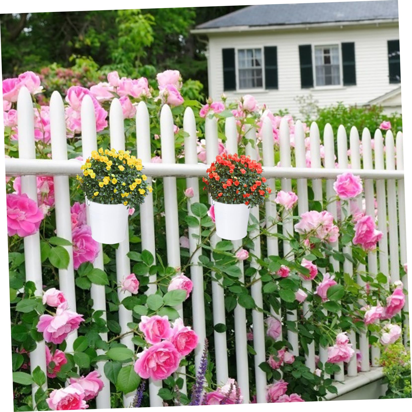 VICASKY Vasi da Fiori Sospesi 8 Pezzi Gancio Staccabile e Foro di Drenaggio in Ferro Bianco per Balcone Giardino e Recinzione