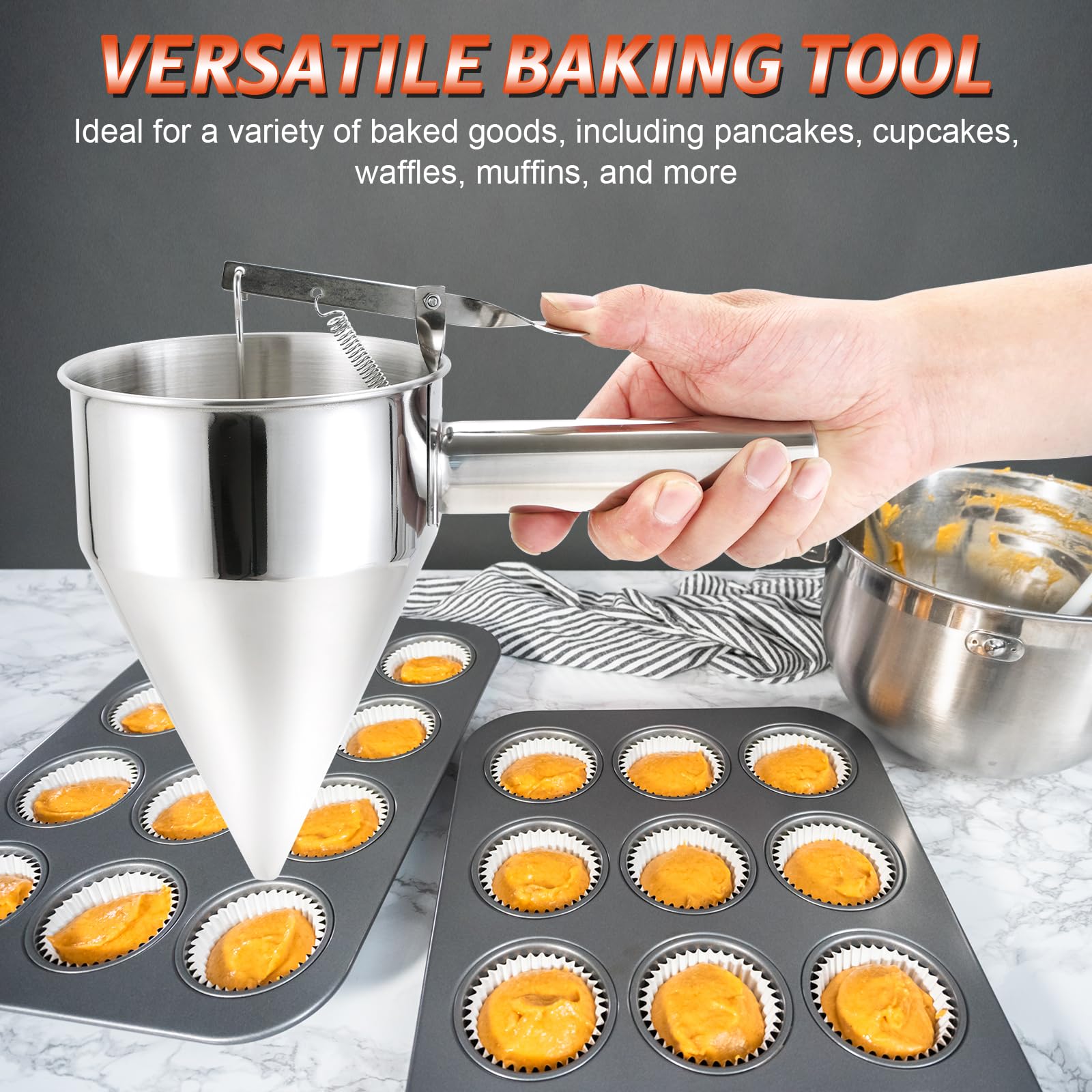 Dispensador de masa de panqueques de acero inoxidable de 40 onzas, dispensador de pastel de embudo de varios calibre con soporte, apto para panqueques, cupcakes, gofres y productos horneados 6