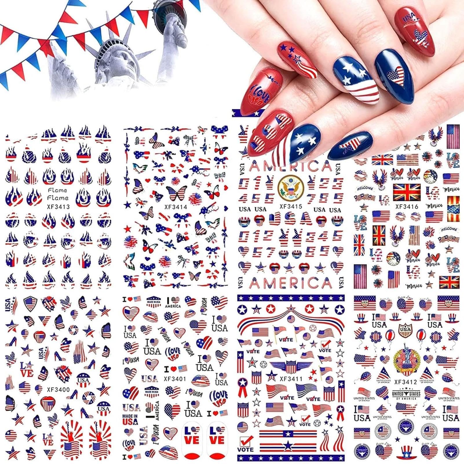 8sheets 4th of July Nail Art Stickers 3D Self-Adhesive American Flag Patriotic Independence Day Nail Decals USA Flags Butterfly Heart Star Nail Design I Love America for Memorial Day DIY Manicure