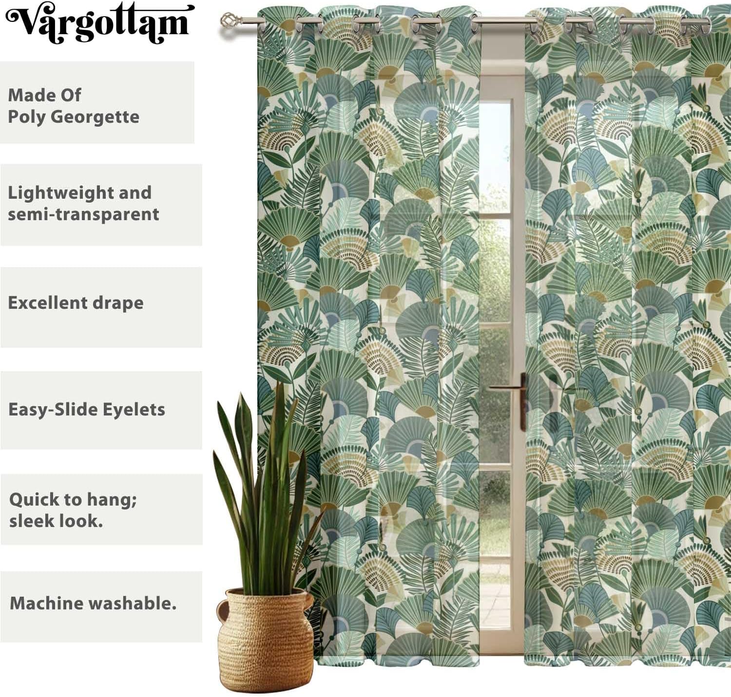 Green Tropical Leaves Design Sheer Curtains for Short Windows - Set of 2 Panels, 63", Grommet Top, Printed Georgette, Light Filtering Drapes for Kitchen or Bedroom