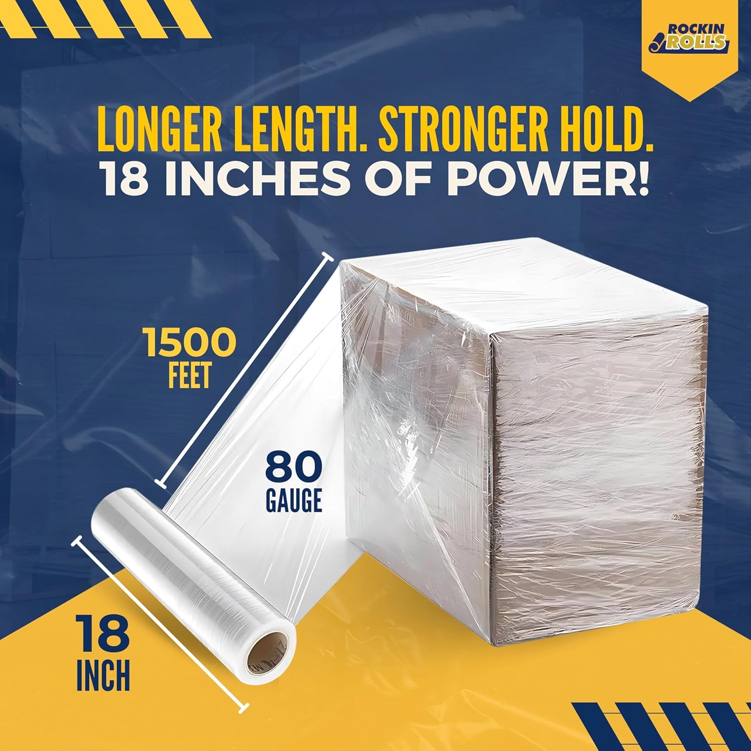 Rockin Rolls Stretch Film Wrap – 18" x 1500 FT x 80 Gauge, 1 Roll Heavy Duty Pallet Wrap, Clear Plastic Moving Wrap for Packing, Shipping, Furniture & Luggage – Durable Self-Adhering Shrink Wrap Roll