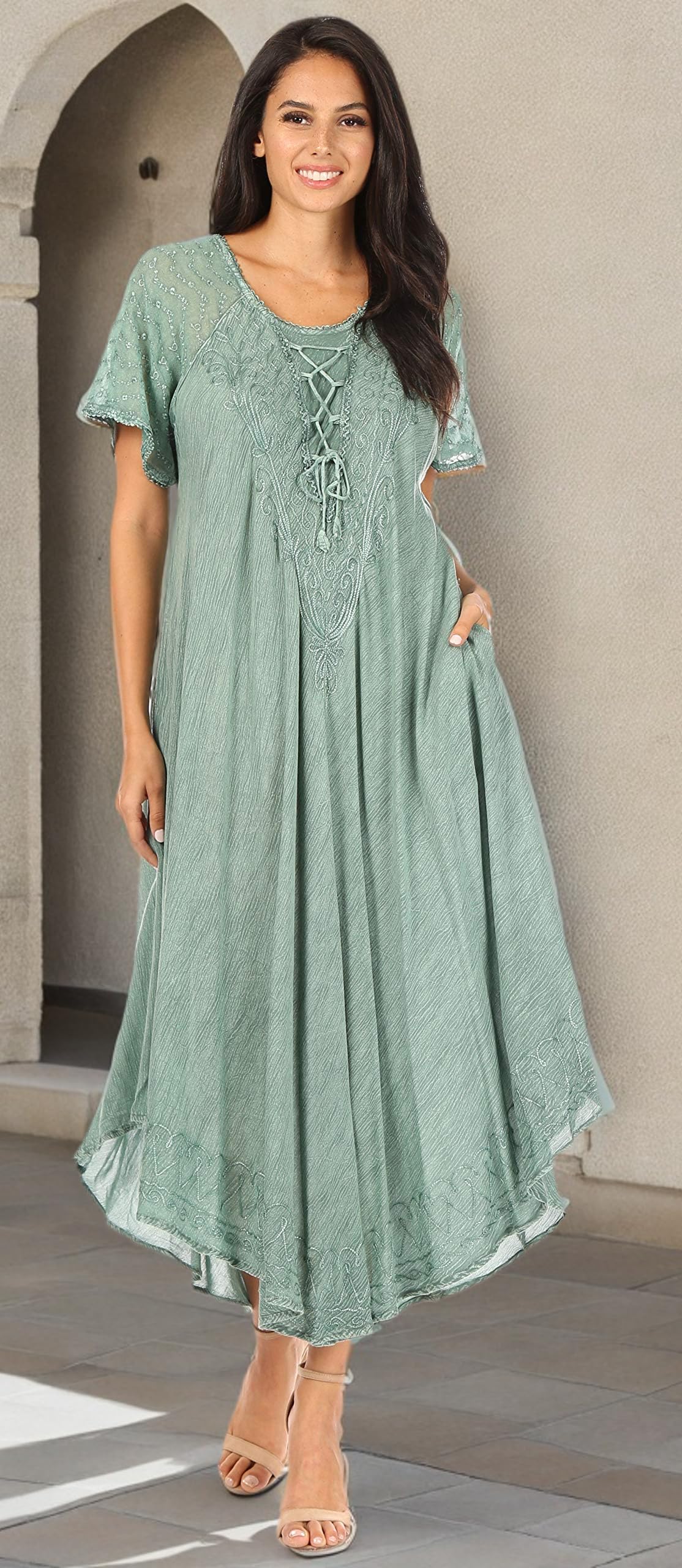 Sakkas Egan Robe Caftan Robe de Plage Longue Brodée avec Mancherons Brodés