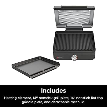 Ninja Griddle Ninja Sizzle Low Smoke Electric Indoor Grill & Flat Plate, 1460W, With Non-Stick Grill Plate & Flat Top Plate, Detachable Dishwasher Safe Lid, Grease Catch & Recipe Guide, Grey GR101UK