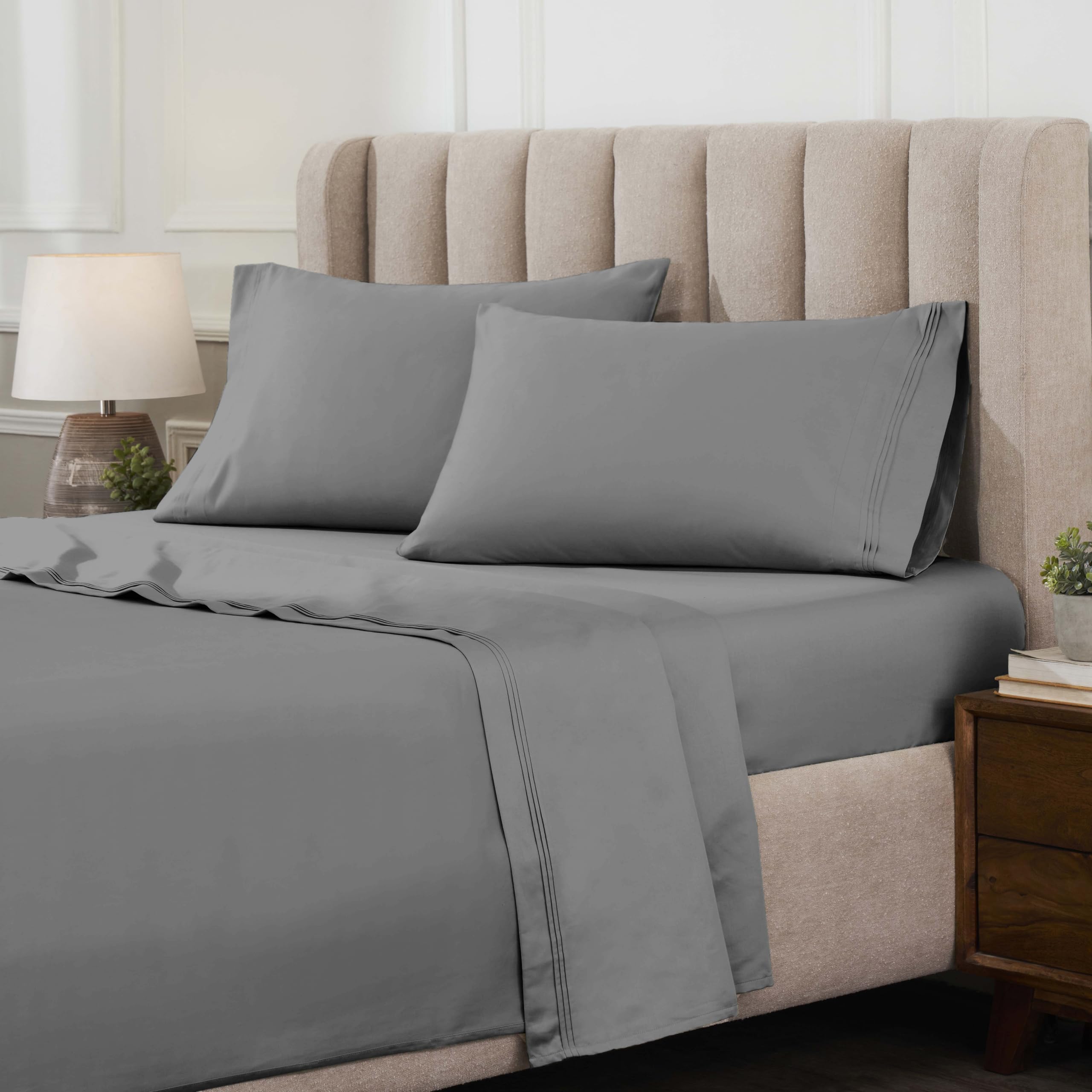 Superior Egyptian Cotton 4 Piece Sheet Set, Luxury 1500 Thread Count, Modern Design, Sustainable Sheets, Ultra-Soft Basics, Solid, Deep Pocket Fitted Sheet, Flat Sheet, Pillowcases, Queen, Grey