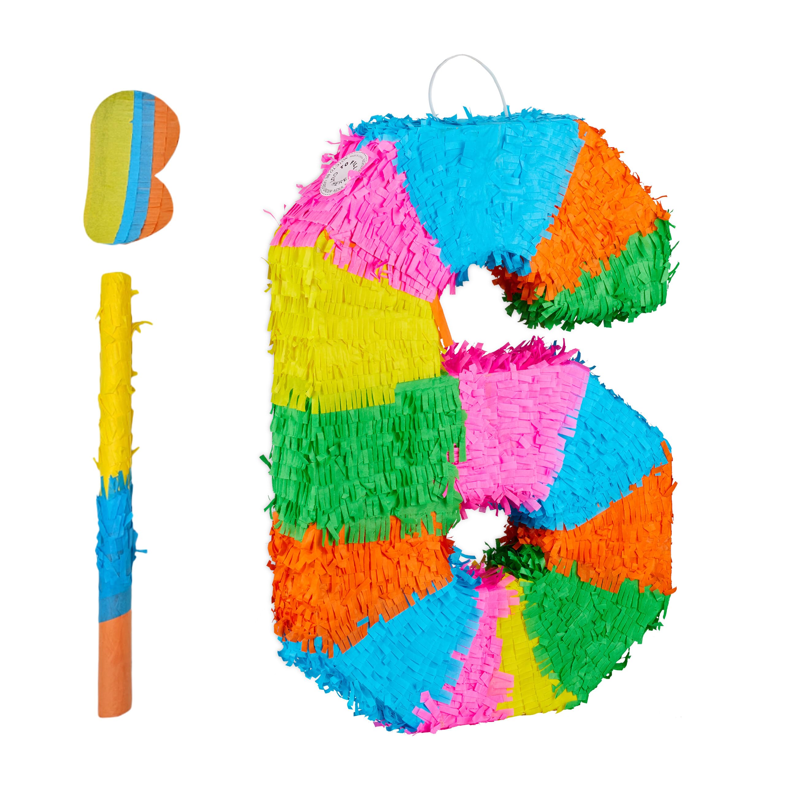 Relaxdays Rainbow Number 6 Piñata, Fillable Party Toy, 50.5 x 35.5 x 7.5 cm, Colourful Birthday Decor