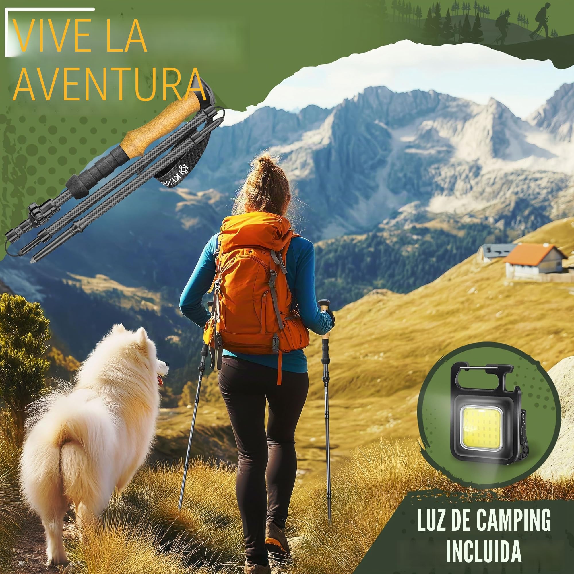 KESSER® Bastones de senderismo plegables/telescópicos, bastones de marcha nórdica para hombre y mujer, bastón de senderismo de aluminio/carbono con mango de corcho 105-120 cm, bastones de trekking
