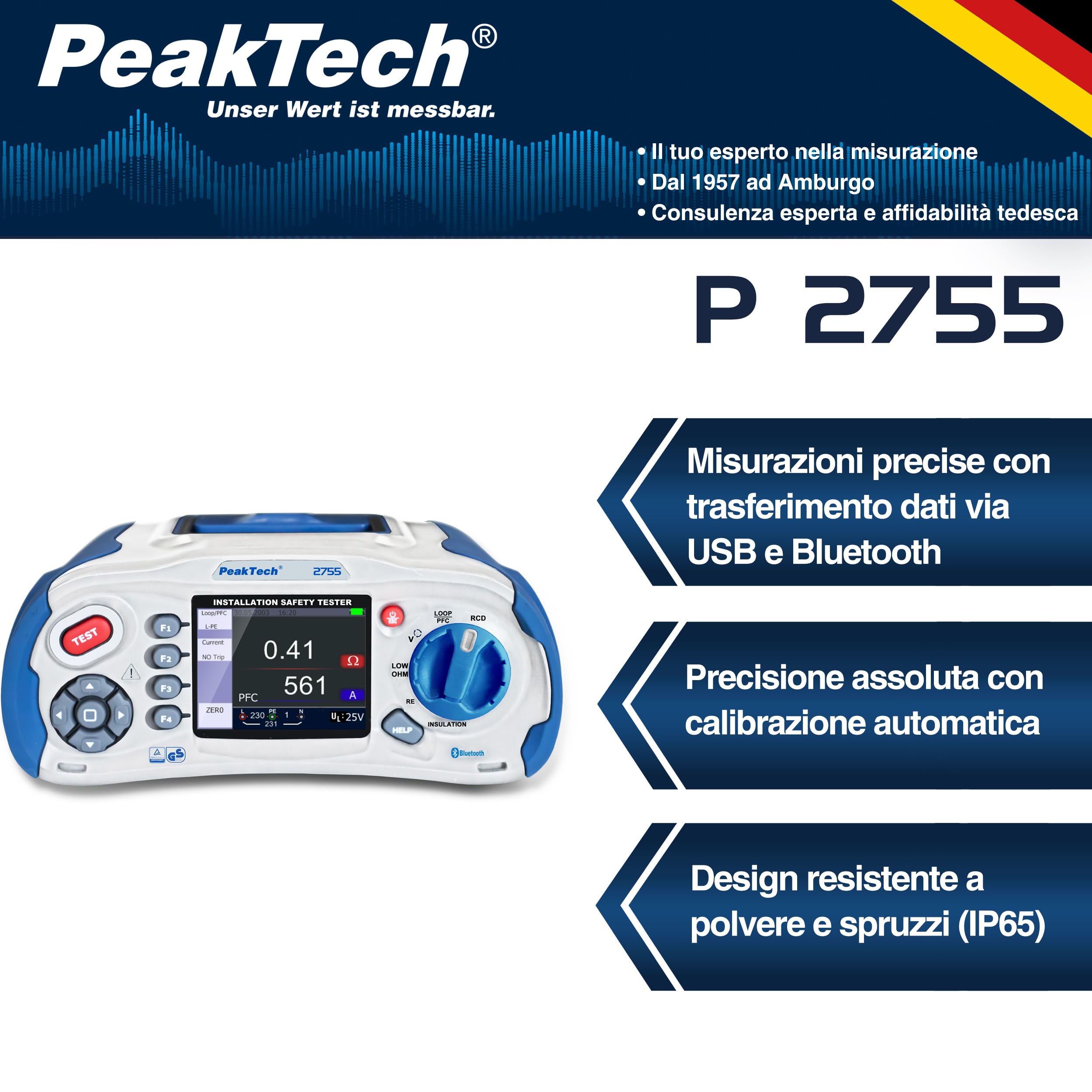 PeakTech 2755 – Tester per installazione elettrica VDE-0100, con Bluetooth, Scheda USB e SD, Schermo a colori TFT da 3,5 ", IP 65, Memoria interna, App per iOS e Android - CAT III 600V
