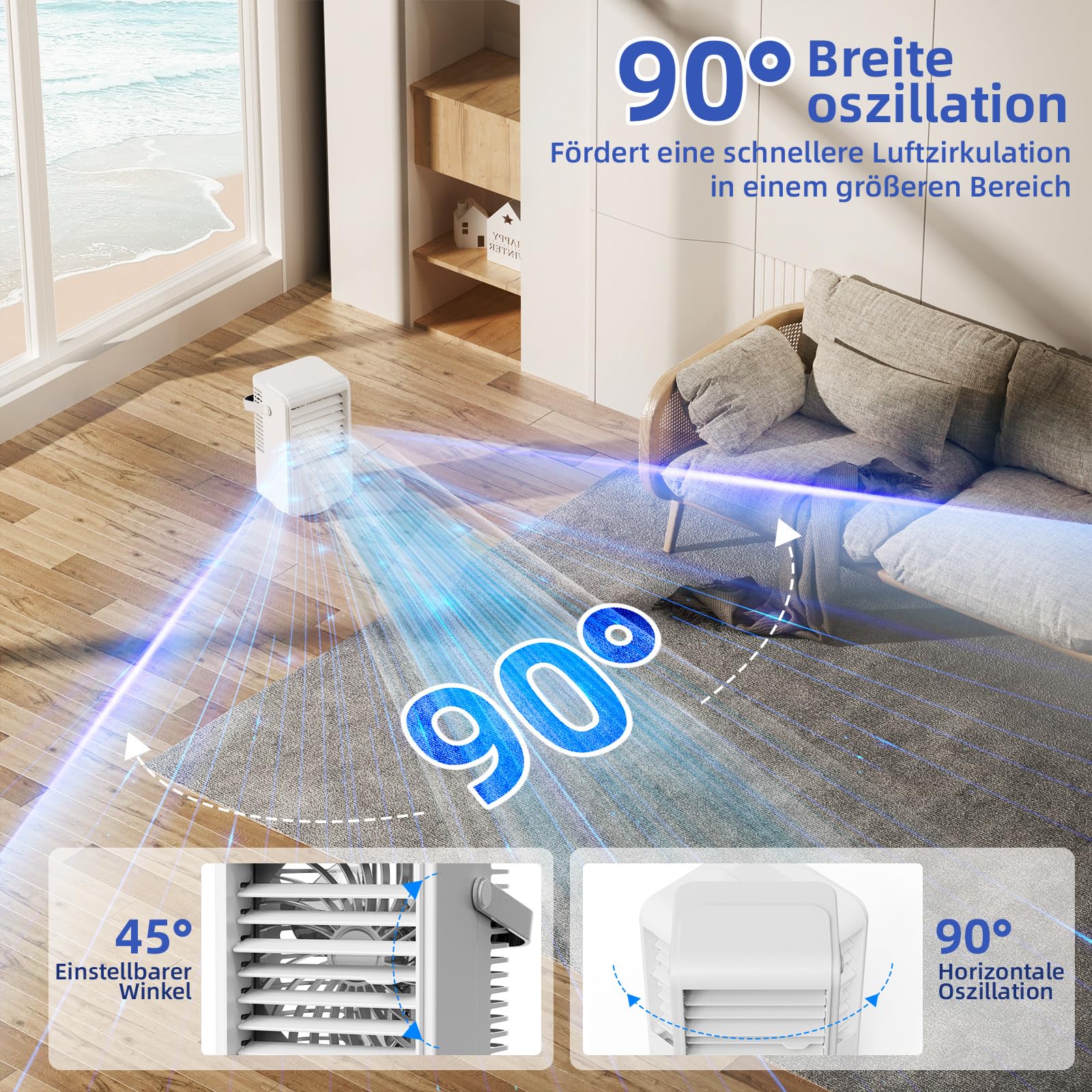 Condizionatore Portatile 1000ml, 3 Velocità, 2 Modalità, Radiatore Aria, Basso Consumo, Serbatoio Grande Capacità, Oscillazione 90°, Luce RGB, Touch Screen, USB-C, Silenzioso, per Casa/Ufficio